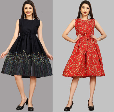 maruti fab Women Fit and Flare Blue, Red Knee Length Dress