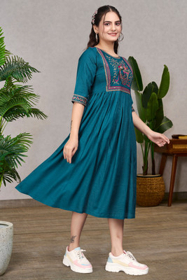 ShopGlobal Women A-line Blue Below Knee Dress