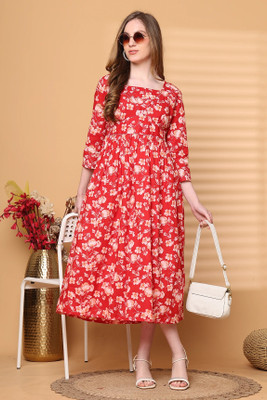 Rajnandini Women A-line Red Midi/Calf Length Dress