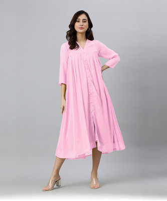 Janasya Women A-line Pink Midi/Calf Length Dress