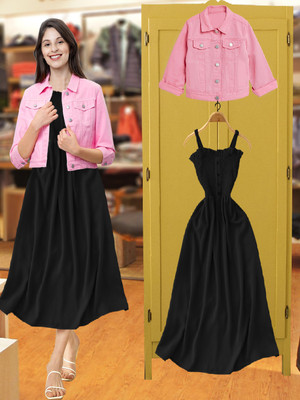 LEETOS Women A-line Pink, Black Ankle Length Dress