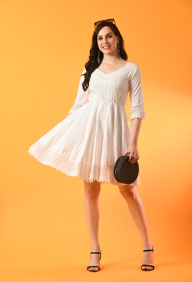 METRONAUT Women Fit and Flare Beige, Grey Mini/Short Dress