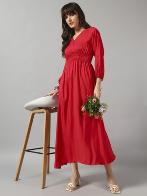 Jash Creation Women Fit and Flare Pink Midi/Calf Length Dress