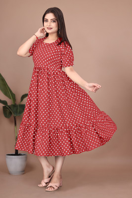 HIT FASHION HUB Women Fit and Flare Red Midi/Calf Length Dress