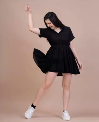 Qluture Women Fit and Flare Black Above Knee/Mid Thigh Length Dress