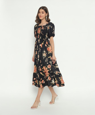 Jash Creation Women Fit and Flare Beige Midi/Calf Length Dress