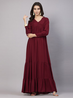 AAYU Women Layered Maroon Maxi/Full Length Dress