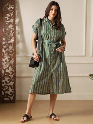 Globus Women Shirt Green, Yellow Below Knee Dress