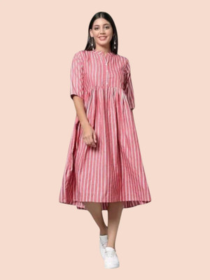 THEICON Women A-line White, Pink Midi/Calf Length Dress