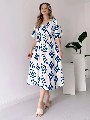 Herway Women Fit and Flare Blue Below Knee Dress