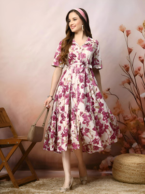 HouseOfCommon Women Fit and Flare Pink, White Below Knee Dress