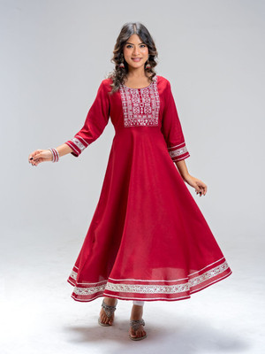 NISHA KURTI Women A-line Maroon Midi/Calf Length Dress