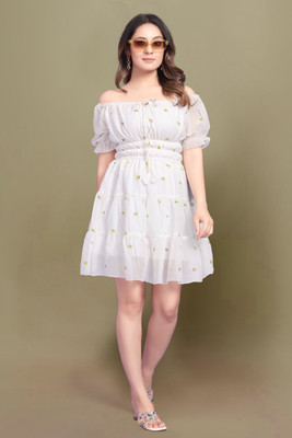 DORESUZAA Women A-line White Above Knee/Mid Thigh Length Dress
