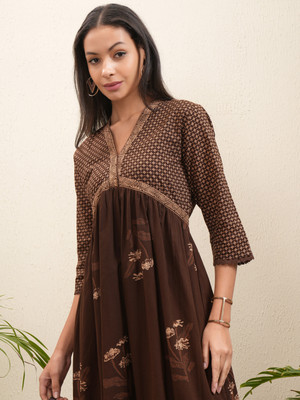 Vishudh Women A-line Brown Midi/Calf Length Dress