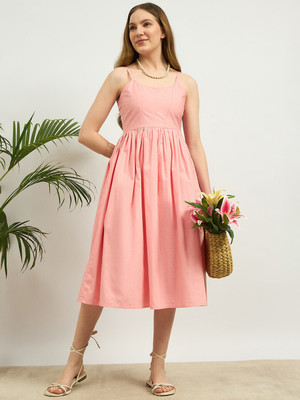 ZUMMER Women Fit and Flare Pink Midi/Calf Length Dress