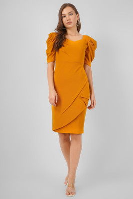 Wownoon Women Bodycon Yellow Knee Length Dress