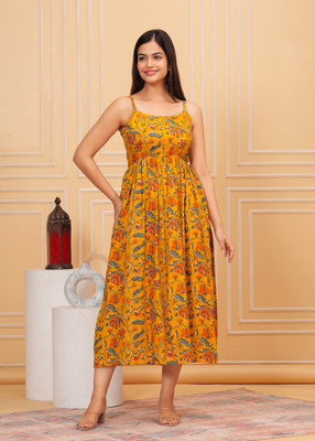 Bhawanaprint Women Maxi Yellow Full Length Dress