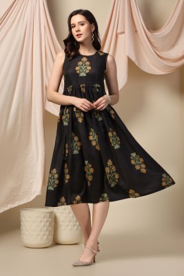 Fashion Dream Women Fit and Flare Black, Yellow, Green Dress