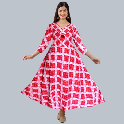 MUDRIKA Women Fit and Flare Pink, White, Red Dress