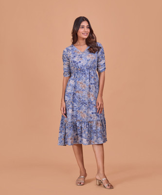 FashFun Women Fit and Flare Blue Midi/Calf Length Dress