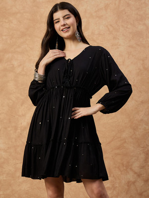 DRAPE AND DAZZLE Women Fit and Flare Black Above Knee/Mid Thigh Length Dress