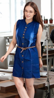 Wingzss Women A-line Blue Above Knee/Mid Thigh Length Dress