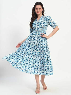Plomy Women Fit and Flare Light Blue Below Knee Dress