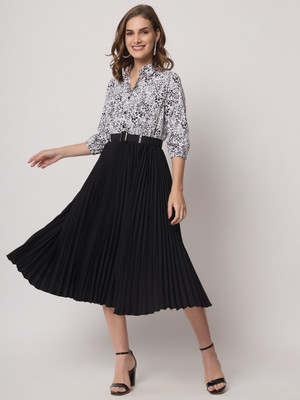 OTABU Women Fit and Flare Black Below Knee Dress