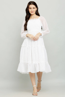 SR Collection Women Fit and Flare White Below Knee Dress