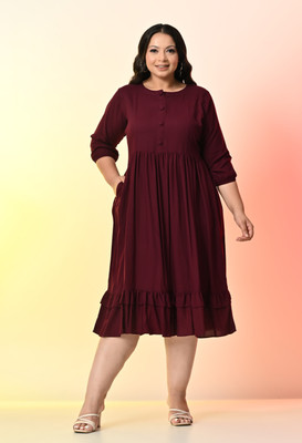 PrettyPlus by Desinoor.com Women Fit and Flare Maroon Midi/Calf Length Dress