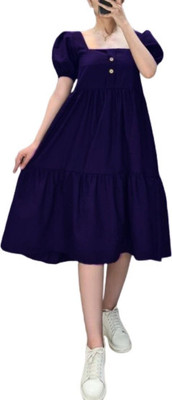 HouseOfCommon Women A-line Dark Blue Midi/Calf Length Dress