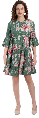 MINGLAY Women Fit and Flare Multicolor Midi/Calf Length Dress
