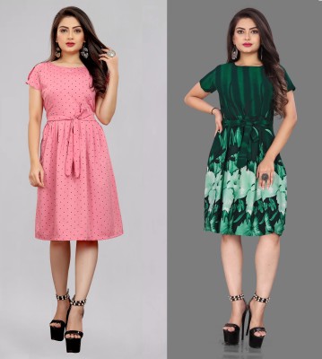 tanvi creation Women Fit and Flare Green, Pink Dress