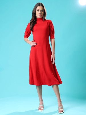 PURVAJA Women A-line Red Below Knee Dress