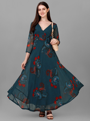 HK SHOPEE Women Fit and Flare Blue Maxi/Full Length Dress