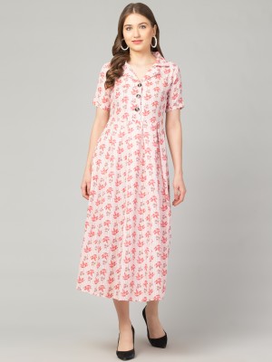 ZUVINO Women Pleated Pink, White Dress