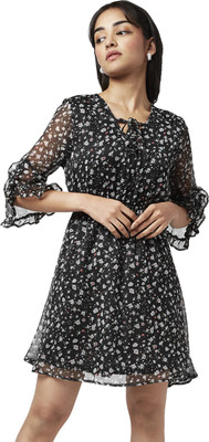 YU by Pantaloons Women Fit and Flare Black, White Midi/Calf Length Dress