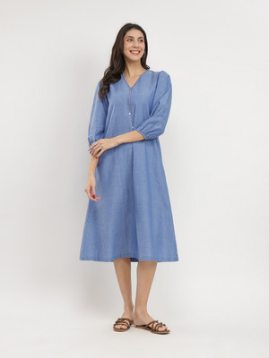 Pink Fort Women A-line Blue Midi/Calf Length Dress