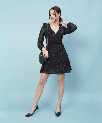OXOLLOXO Women Wrap Black Above Knee/Mid Thigh Length Dress