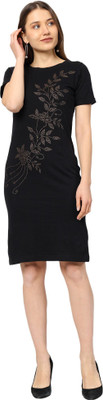 ROARERSS Women Bodycon Black Knee Length Dress