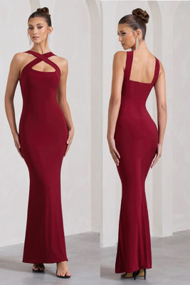 Traquila Women Bodycon Maroon Maxi/Full Length Dress