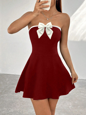 GLARE & BLAIR Women Fit and Flare Maroon Above Knee/Mid Thigh Length Dress