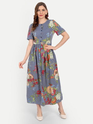 MINGLAY Women Fit and Flare Blue Maxi/Full Length Dress