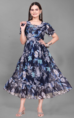 Parth Creation Women Fit and Flare Blue Maxi/Full Length Dress