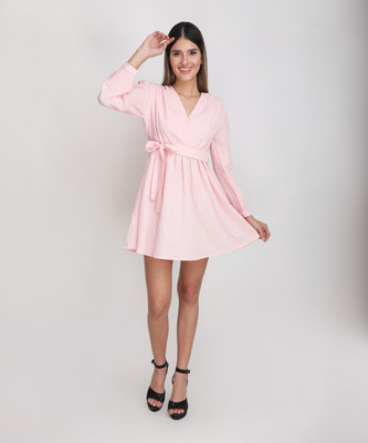 Jakanary Women Peplum Pink Above Knee/Mid Thigh Length Dress