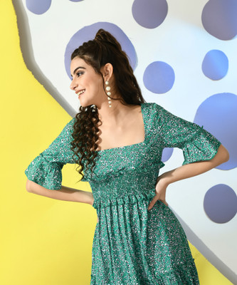 PREETY LOVING THING Women Fit and Flare Green Maxi/Full Length Dress