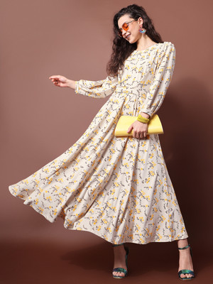 PURVAJA Women Fit and Flare Yellow Maxi/Full Length Dress