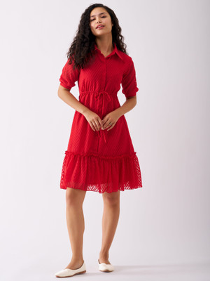 AASK Women Fit and Flare Red Above Knee/Mid Thigh Length Dress