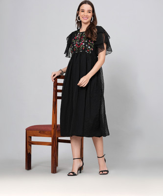 Oh Mi Dios Women Fit and Flare Black Midi/Calf Length Dress