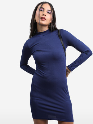 Tokyo Talkies Women Ribbed Dark Blue Above Knee/Mid Thigh Length Dress